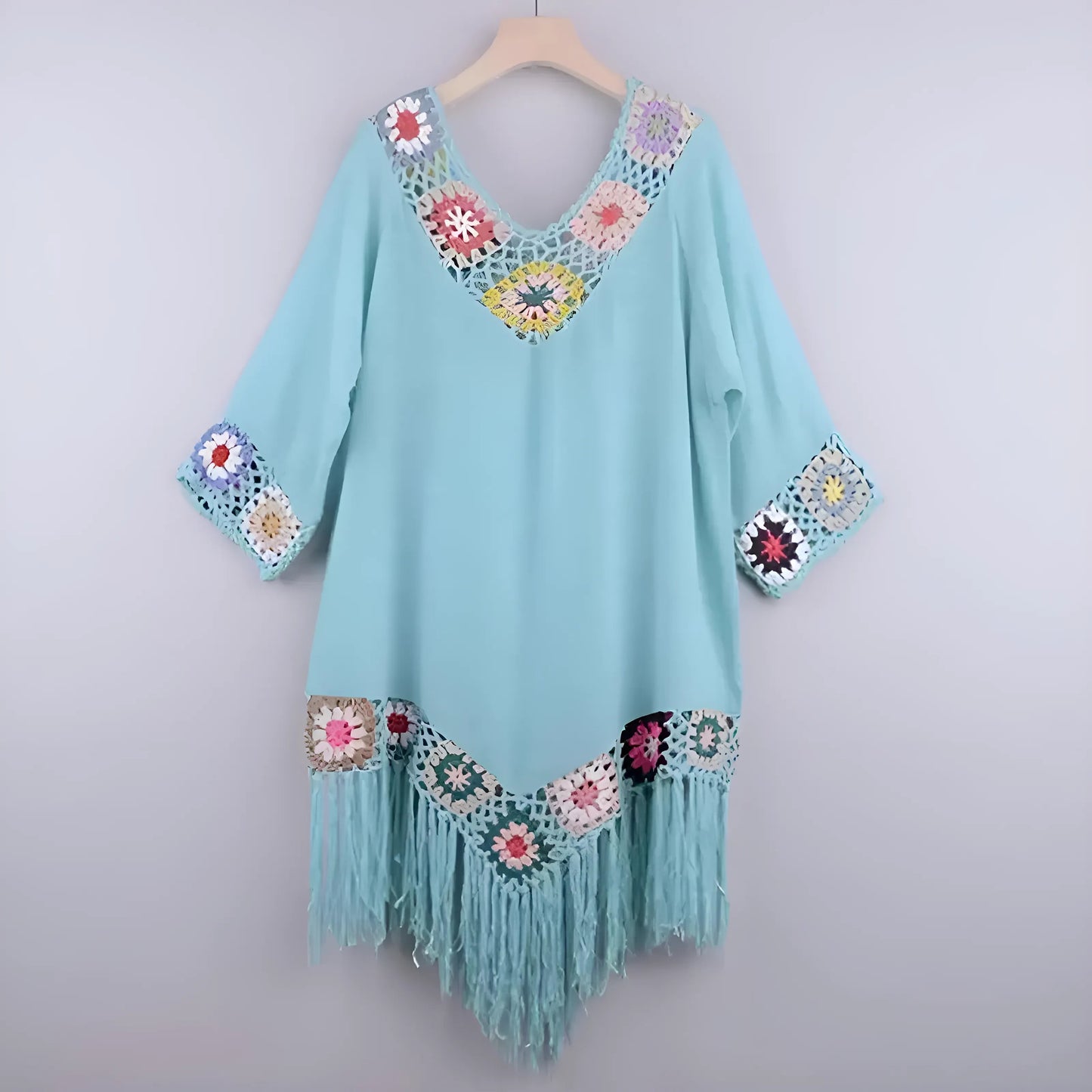 Blue Embroidered Beach Dress with Fringes