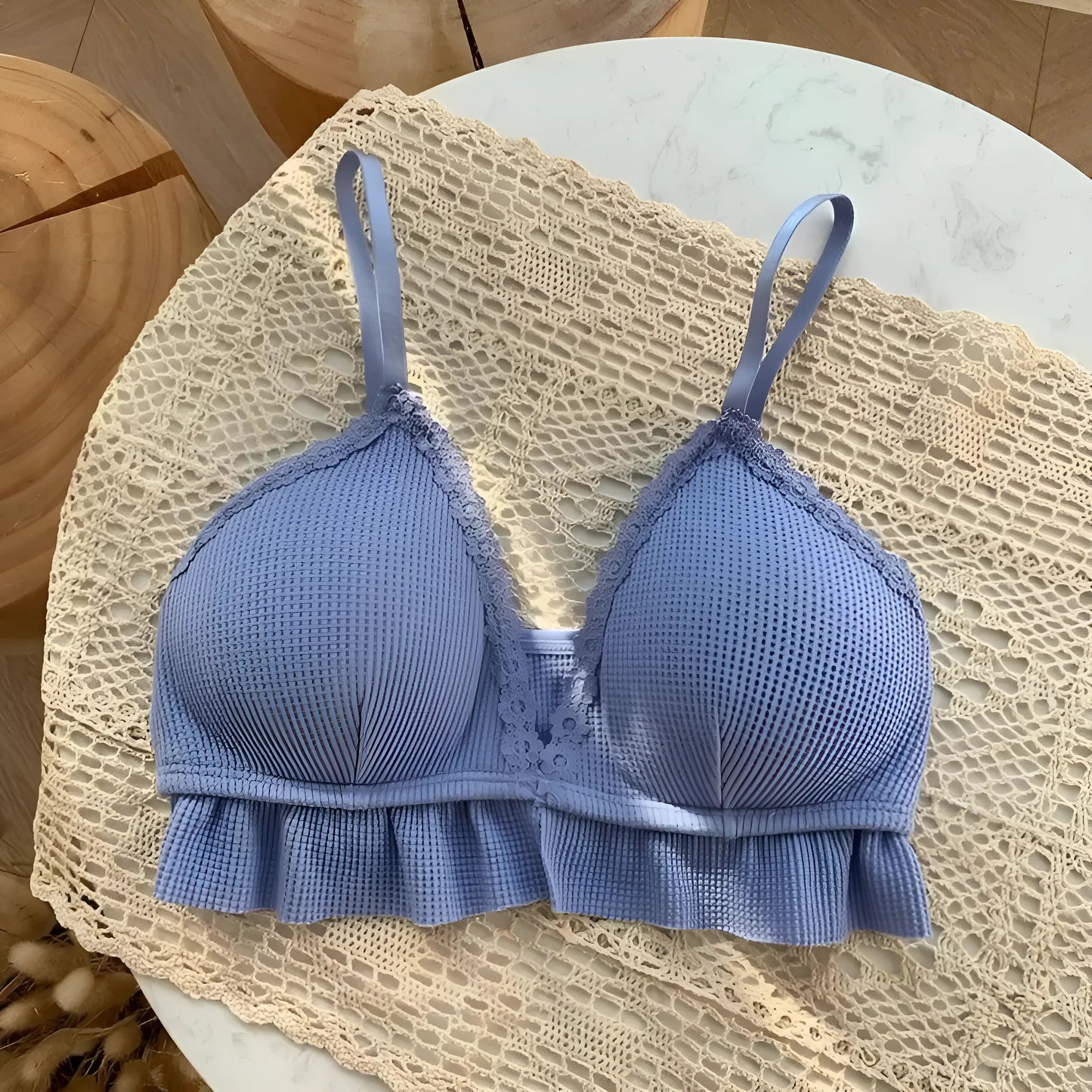 Blue Lace Bralette with Frill Trim