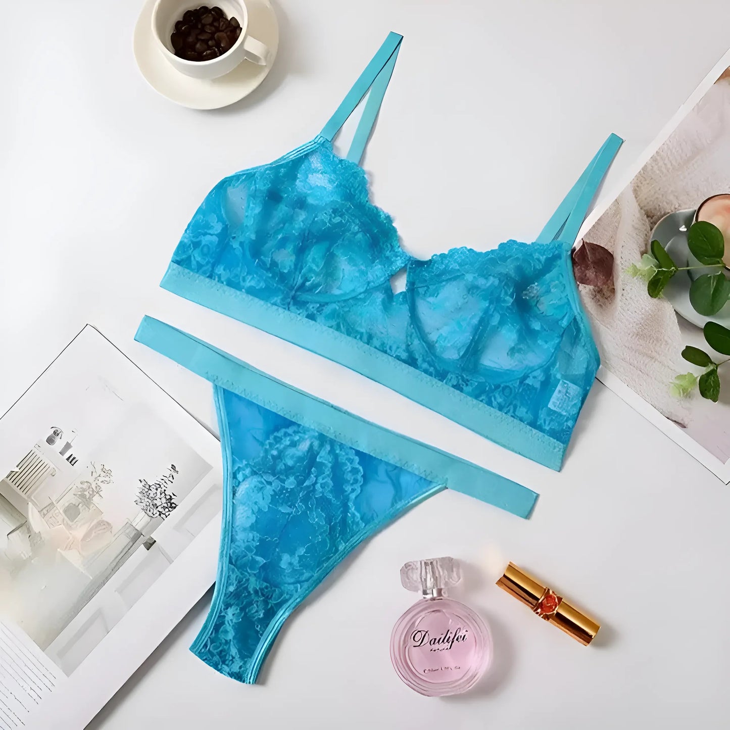 Blue Lace High-Waisted Lingerie Set