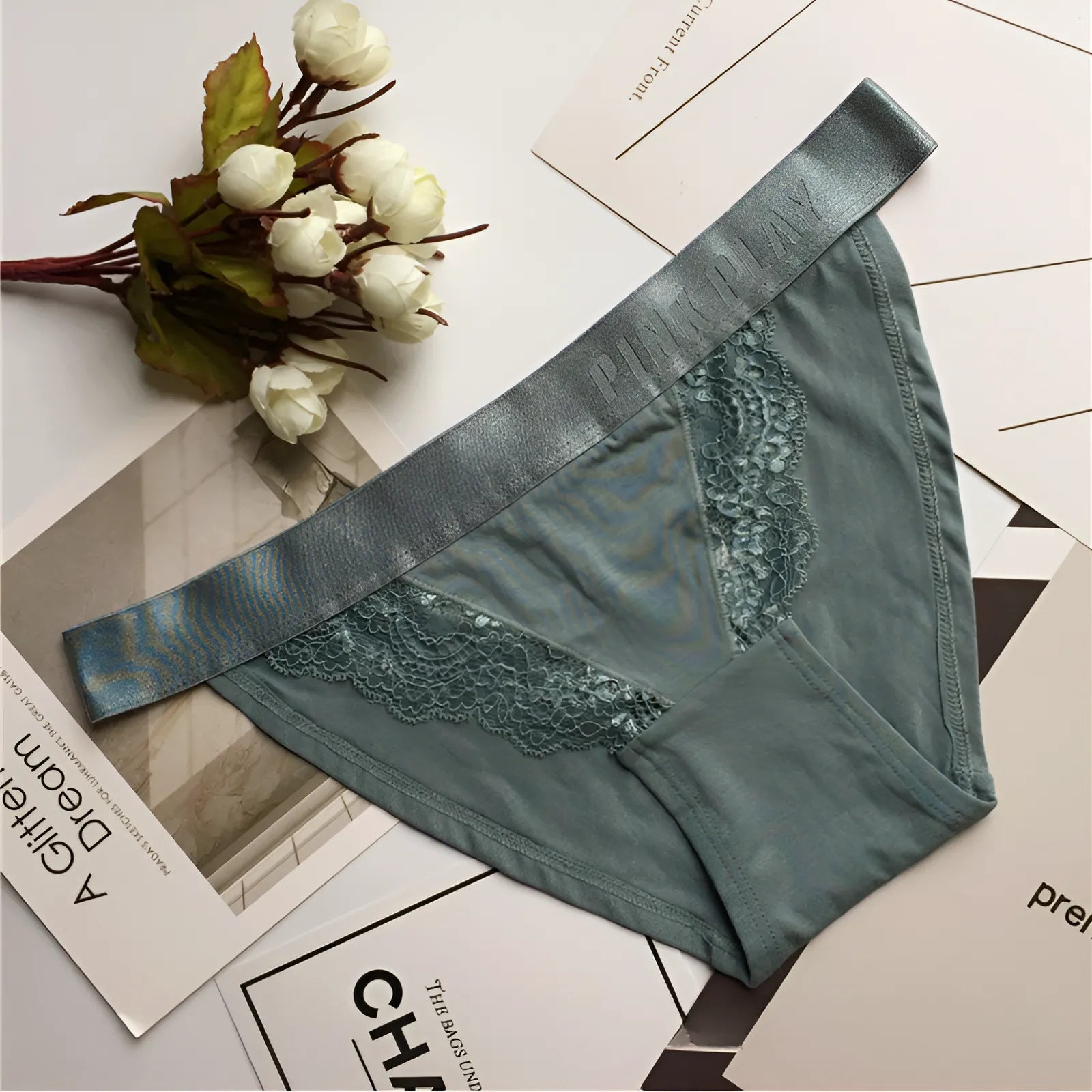 Blue Lace Knickers with Elastic Waistband