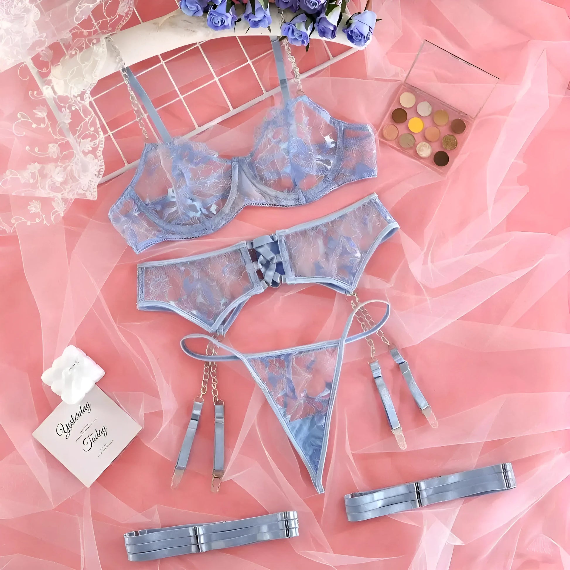 Blue Lace Lingerie Set with Chains