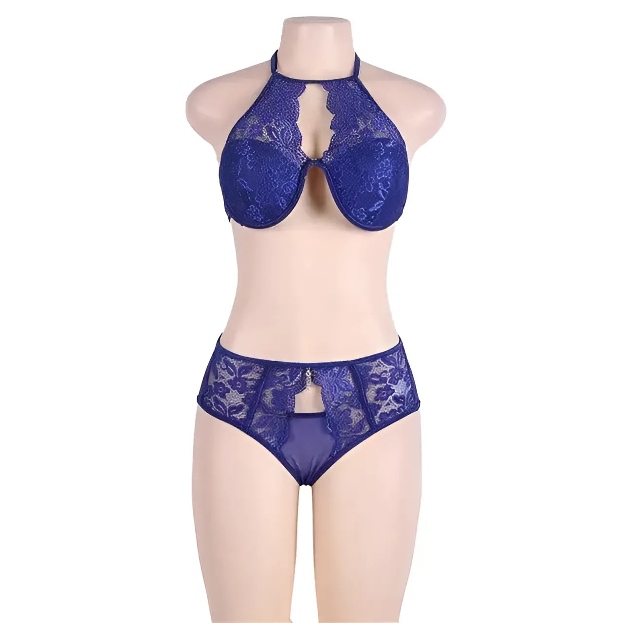 Blue Lace Lingerie Set with Decorative Cut-Outs in Plus Sizes