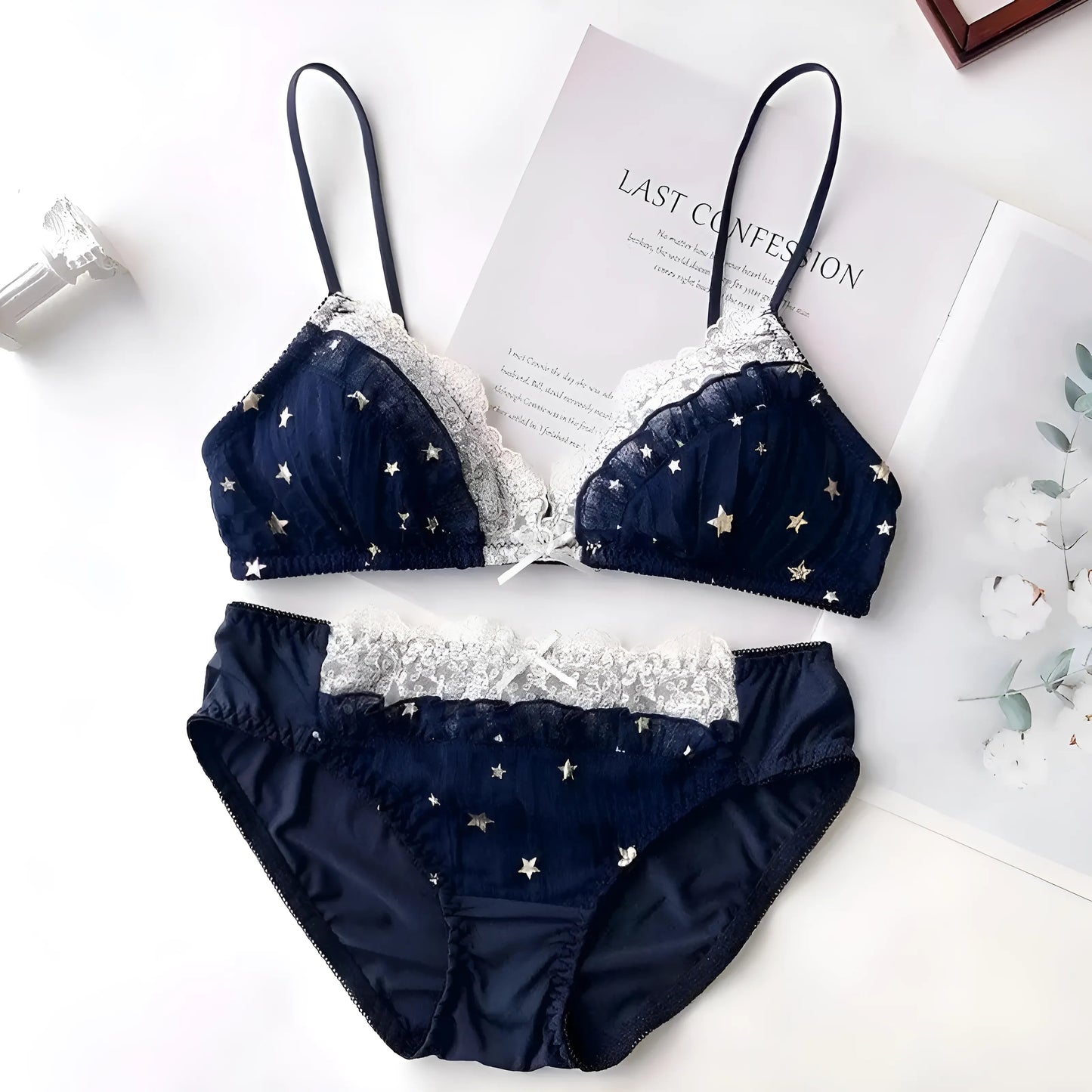 Blue Lace Lingerie Set with Gold Stars