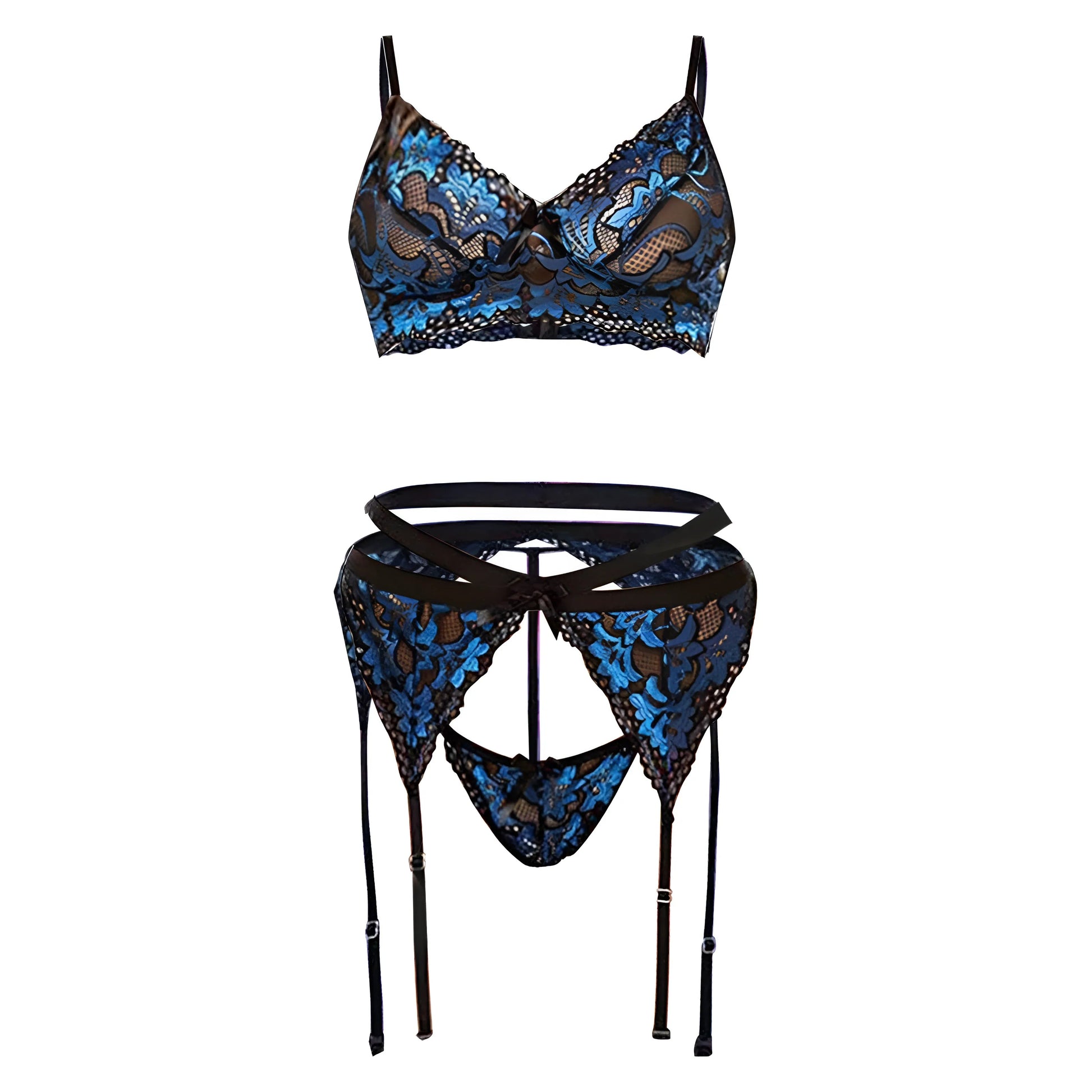 Blue Lace Lingerie Set with Suspender Belt