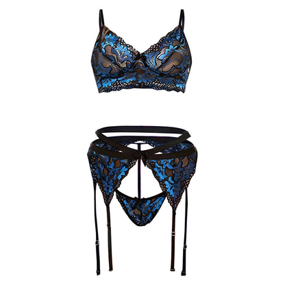 Blue Lace Lingerie Set with Suspender Belt