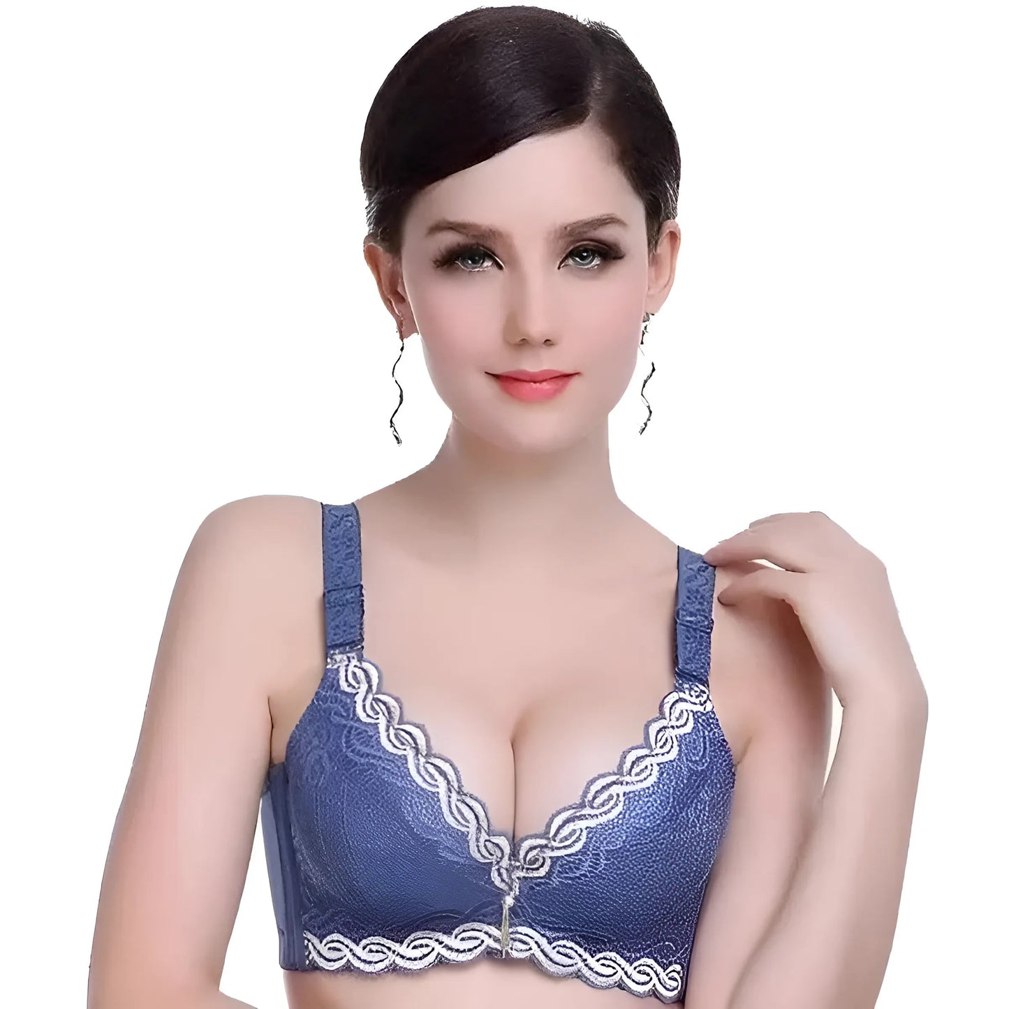 Blue Lace Push-Up Bra with Gold Charm