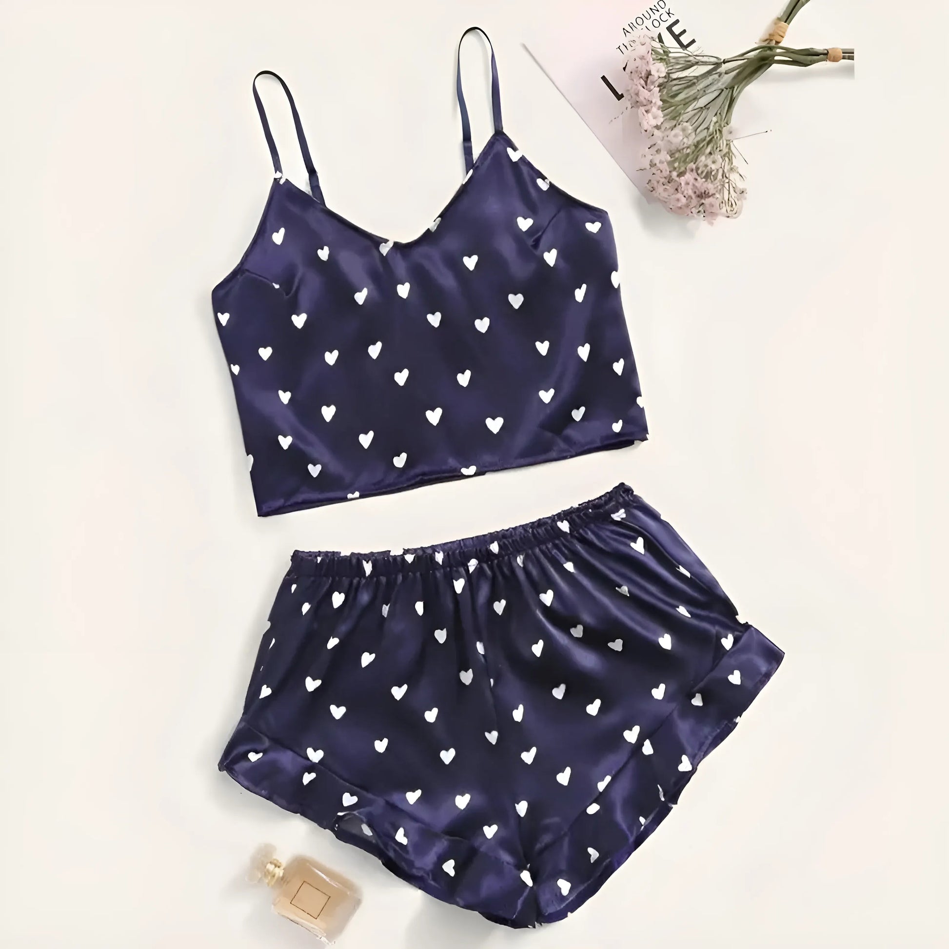 Blue Silky Heart Print Pyjama Set