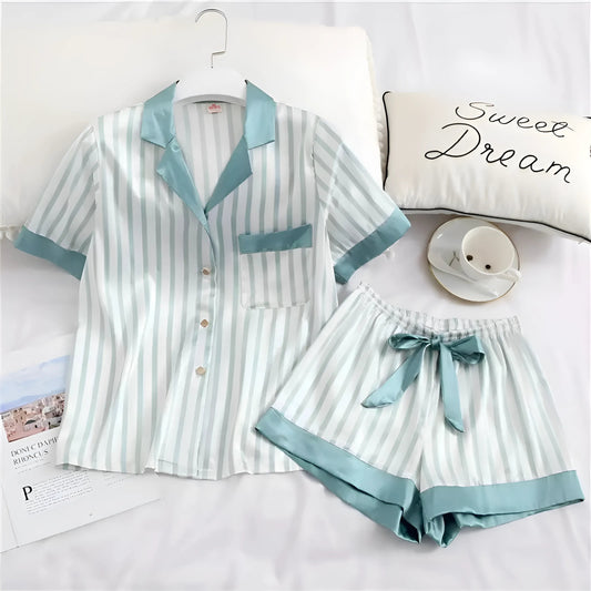 Blue Striped Women's Pyjamas with Decorative Trim