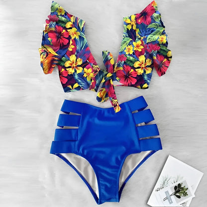 Blue Two-Piece Swimsuit with Decorative Top