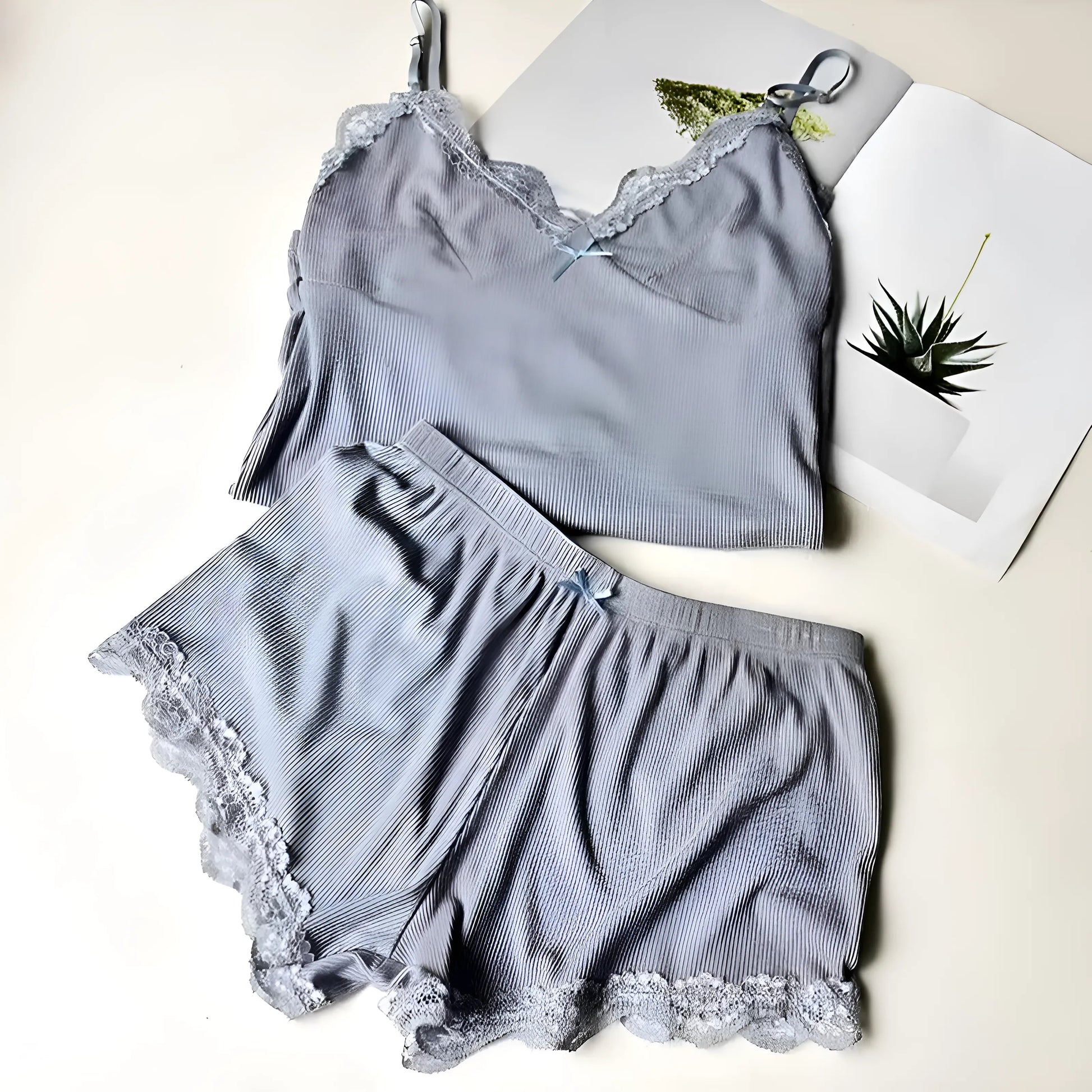 Blue Two-Piece Women's Lace Trim Pyjama Set