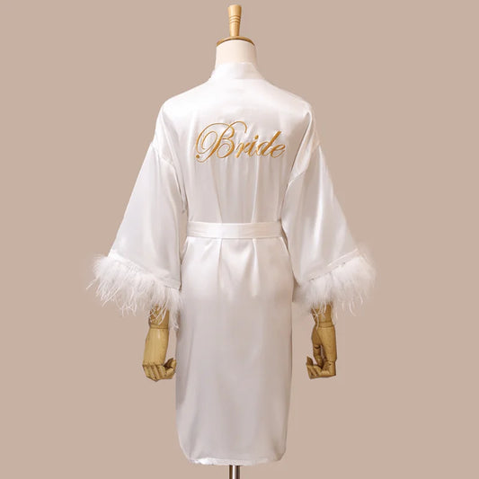 Bridal robe with feathers - white / s