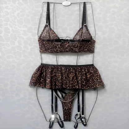 Brown Lace Panther Print Lingerie Set