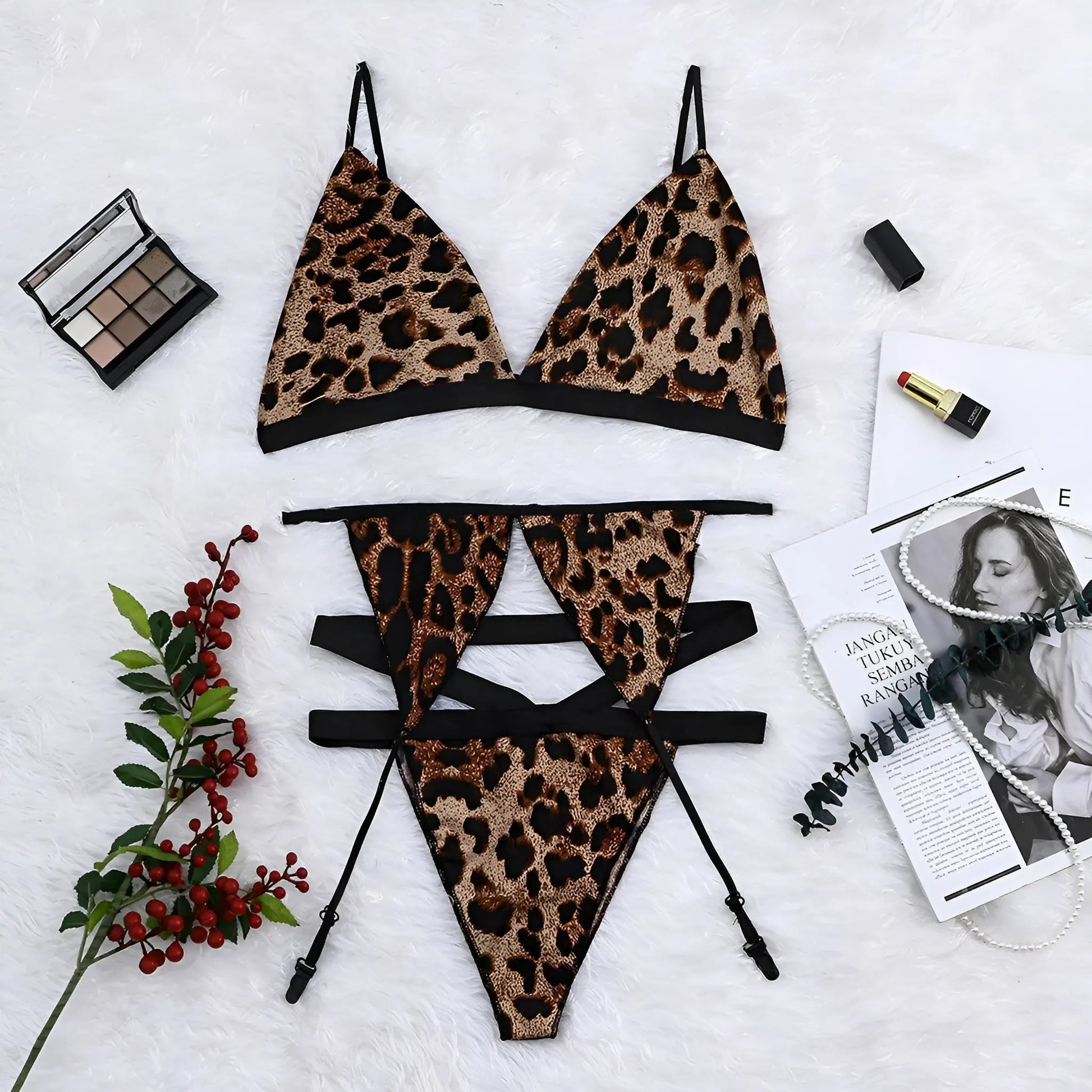 Brown Leopard Print Lingerie Set with Suspender Belt