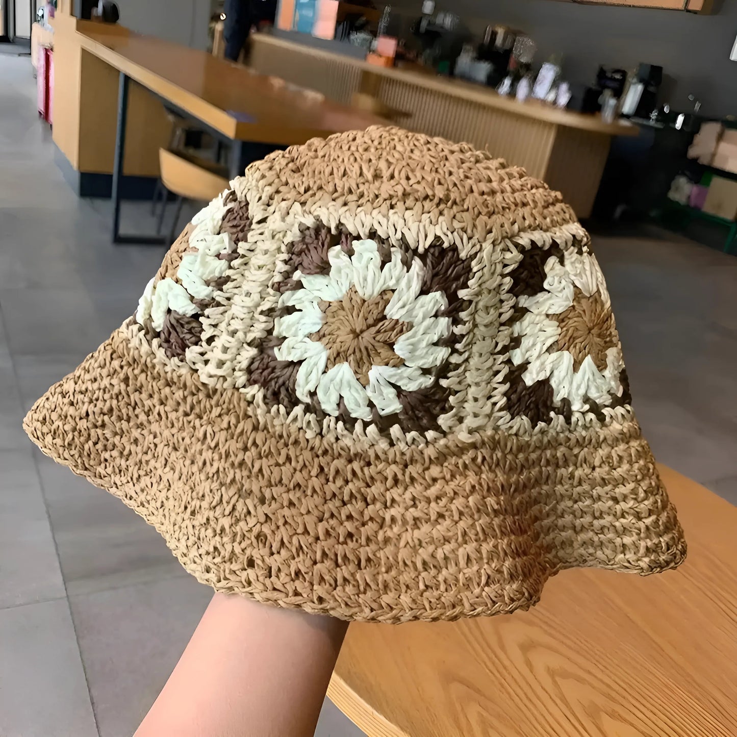 Brown Straw Hat with Flowers