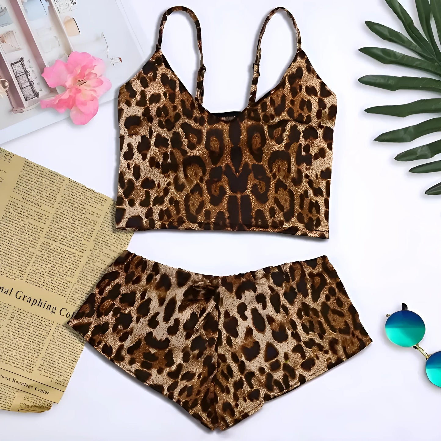 Brown Two-Piece Leopard Print Pyjama Set with Short Top