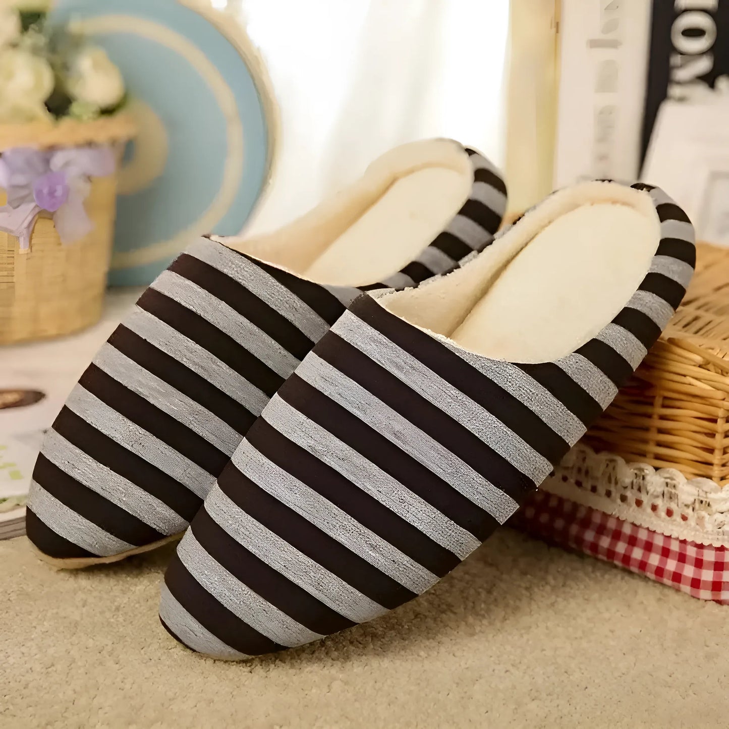 Brown Women's Striped Slippers