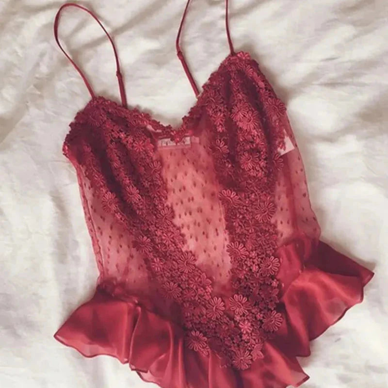 Burgundy Lace Bodysuit with Ruffle Trim