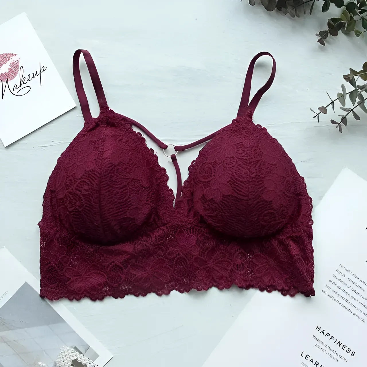 Burgundy Lace Bralette with Straps