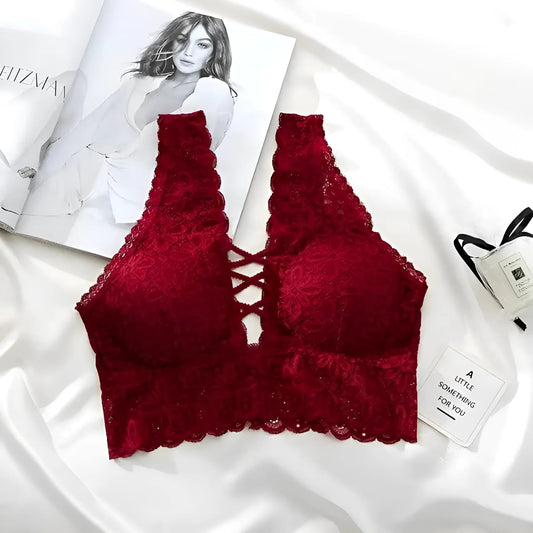 Burgundy Lace Bralette with Straps on the Décolletage