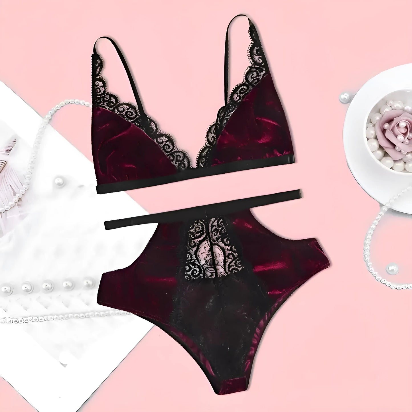 Burgundy Lace High-Waisted Lingerie Set