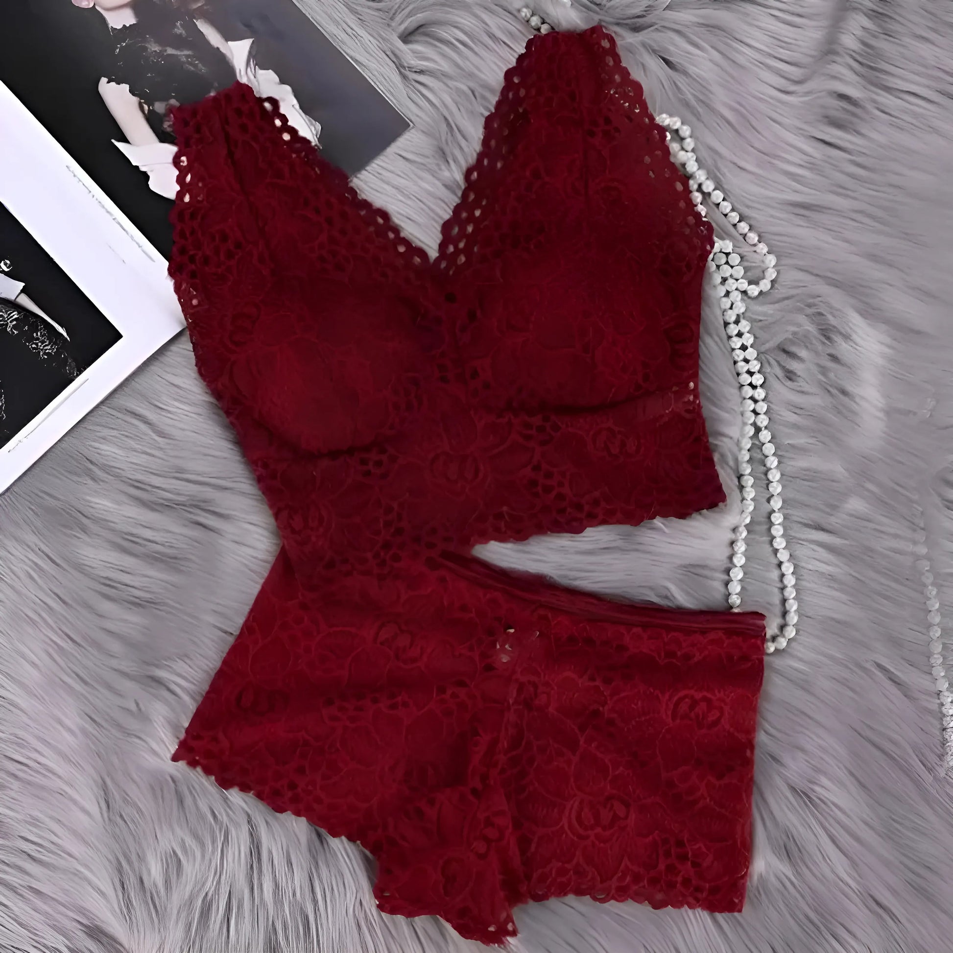 Burgundy Lace Lingerie Set with Built-in Features