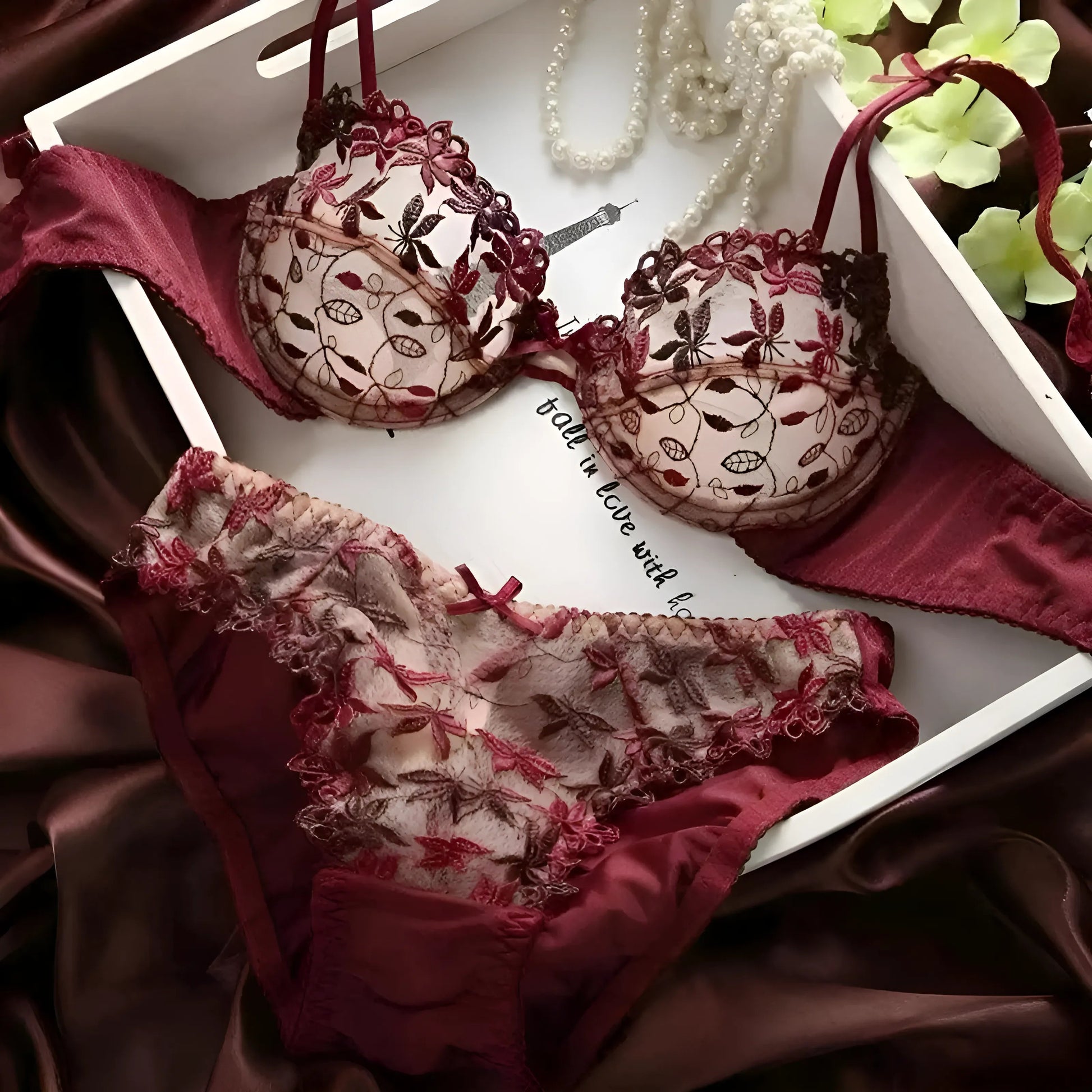 Burgundy Lace Lingerie Set with Floral Design