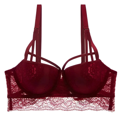 Burgundy Lace Push-Up Bra with Decorative Straps