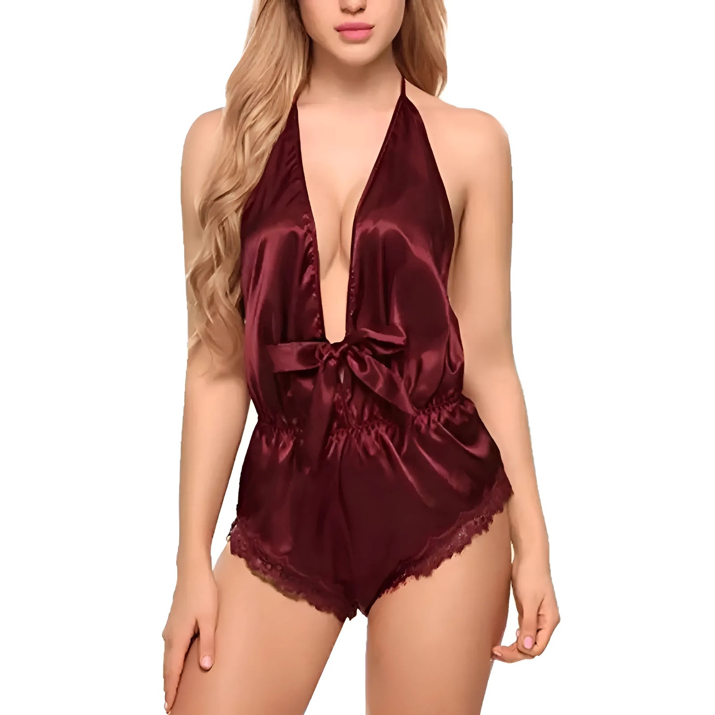 Burgundy One-Piece Satin Pyjama with Open Back