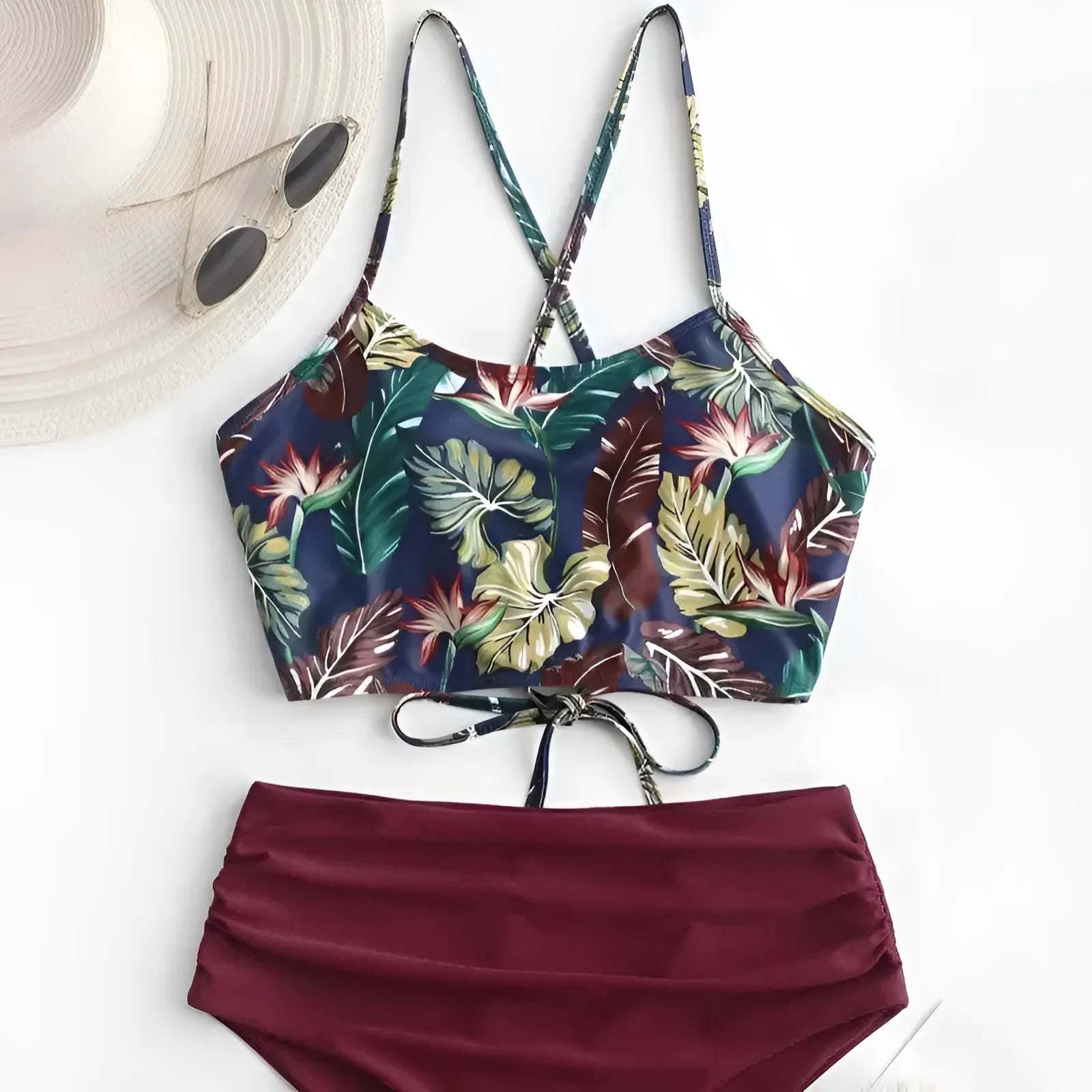 Burgundy Two-Piece Swimsuit with Top Design