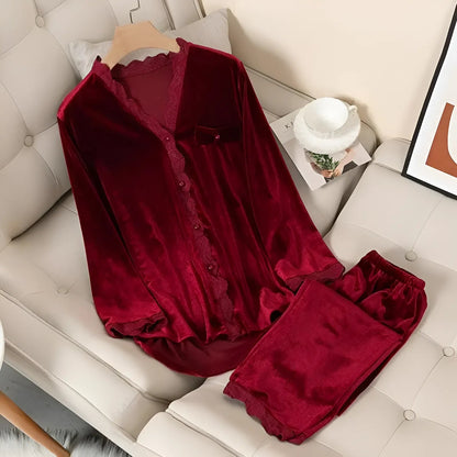 Burgundy Velvet Long Sleeve Pyjama Set