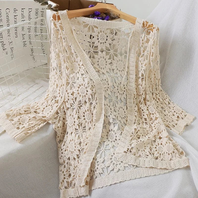 Crochet beach kimono - beige / universal