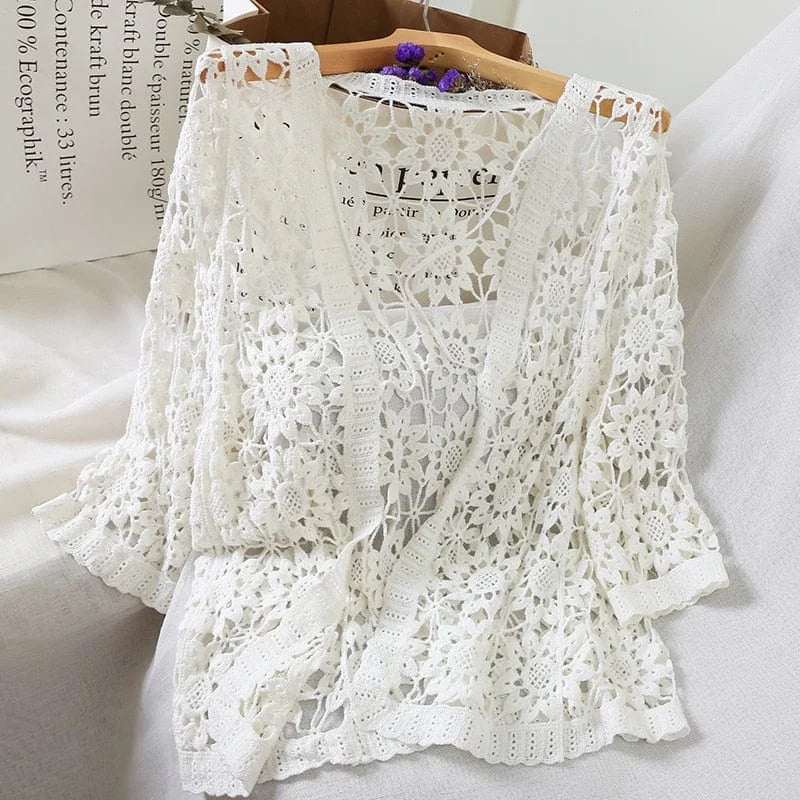 Crochet beach kimono - white / universal