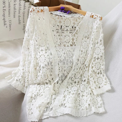 Crochet beach kimono - white / universal