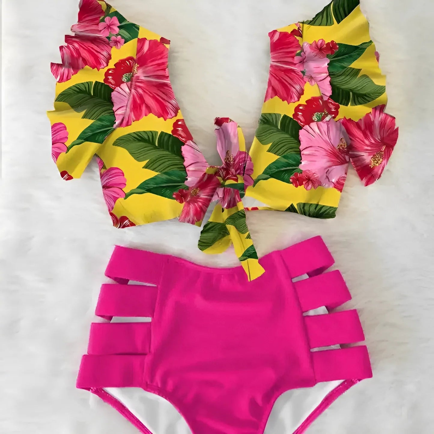 Dark Pink Two-Piece Swimsuit with Decorative Top