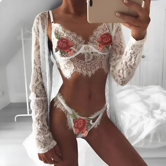  Delicate Lace Lingerie Set with Roses