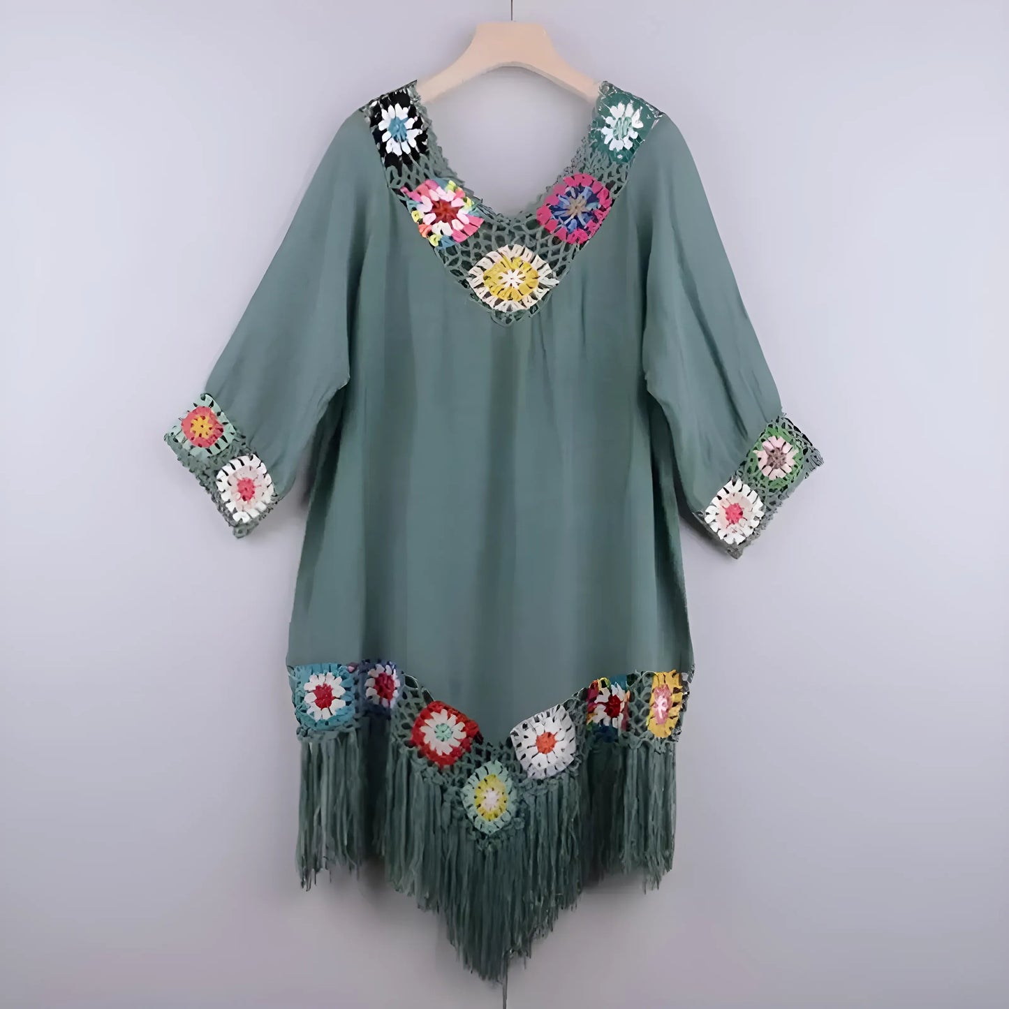 Green Embroidered Beach Dress with Fringes