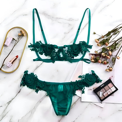 Green Floral Lace Lingerie Set