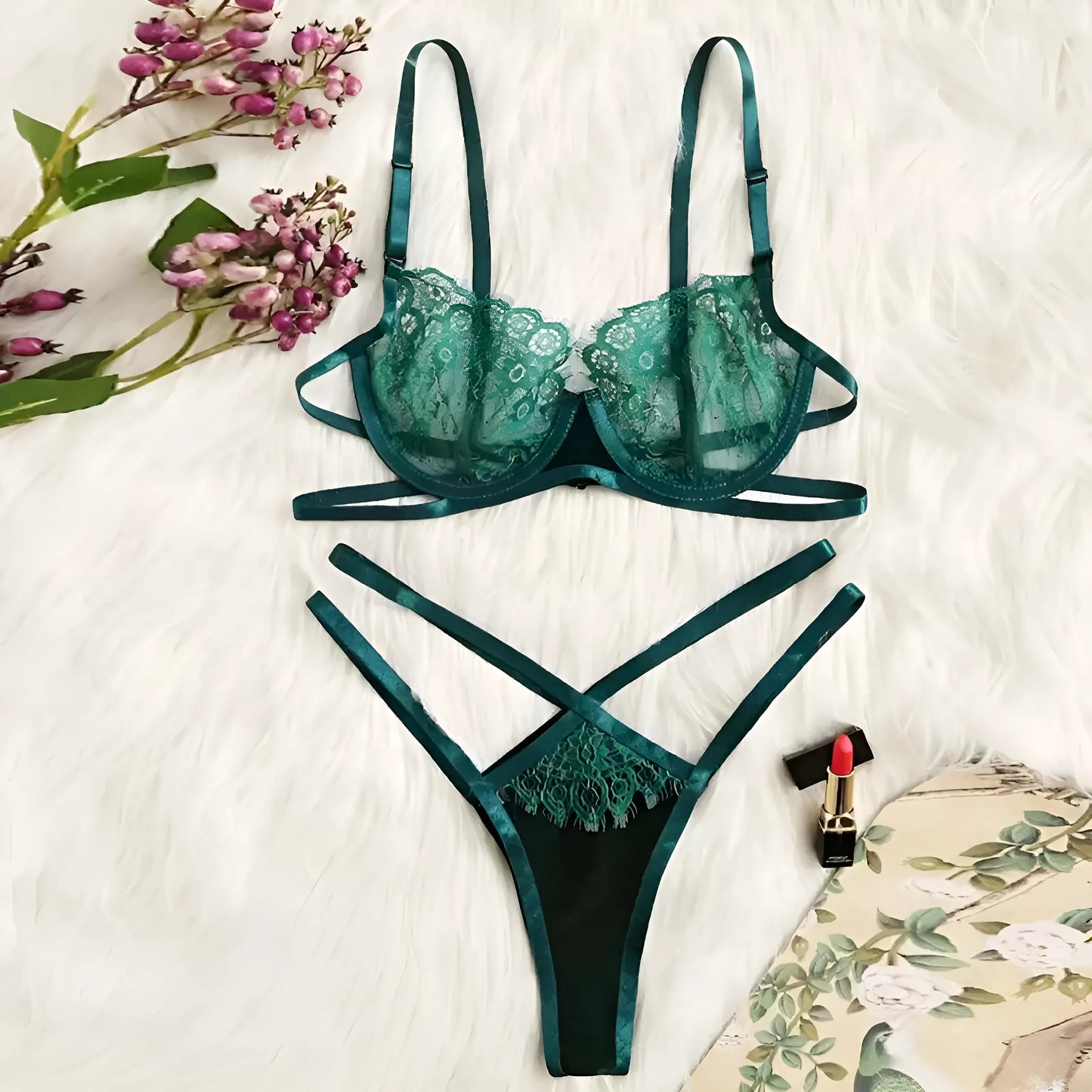 Green Green Lace Lingerie Set with Straps