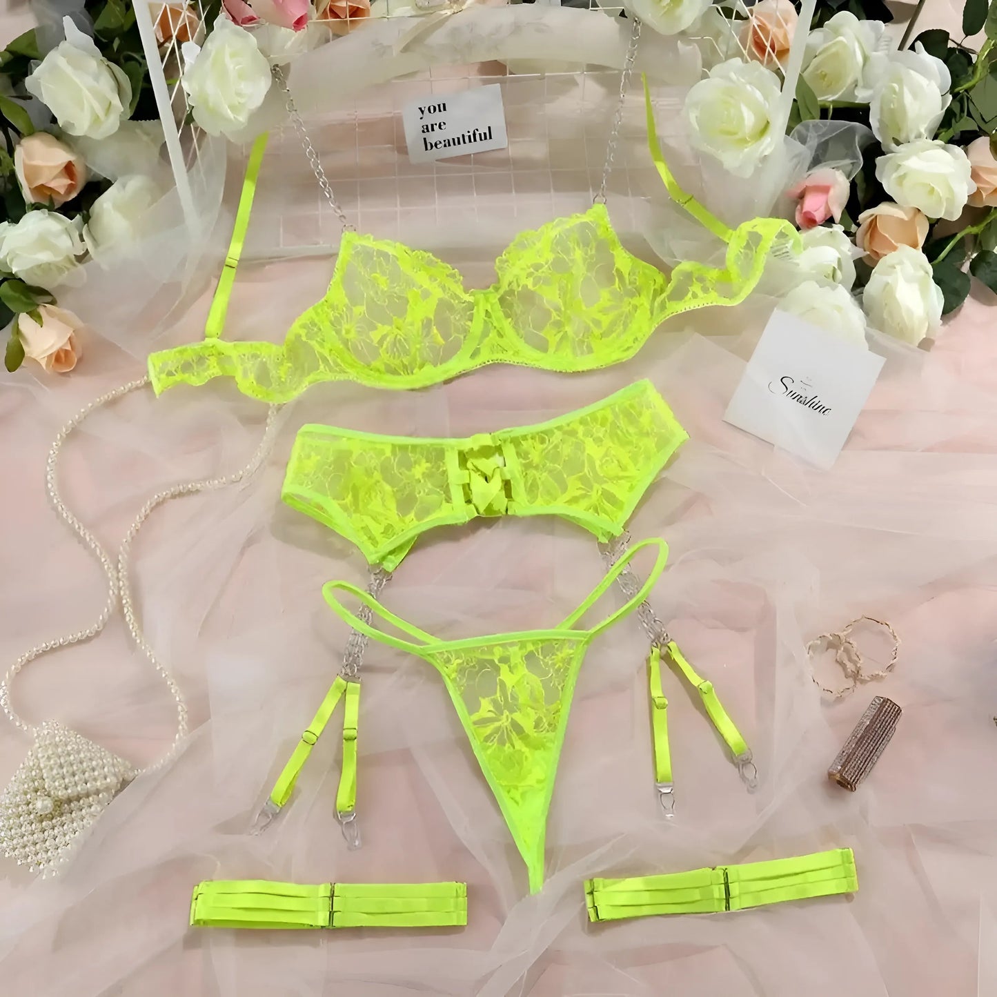 Green Lace Lingerie Set with Chains