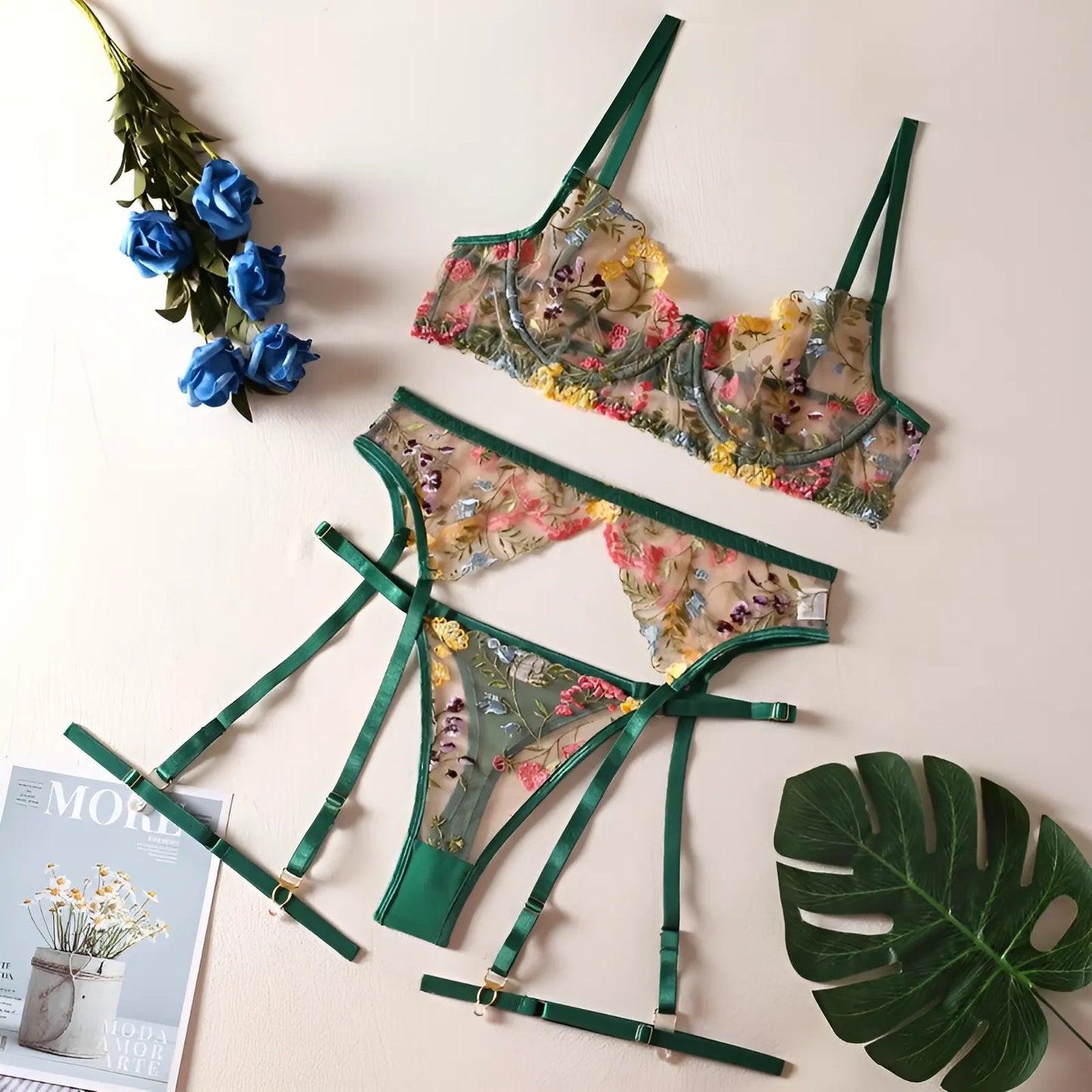 Green Lace Lingerie Set with Embroidered Flowers