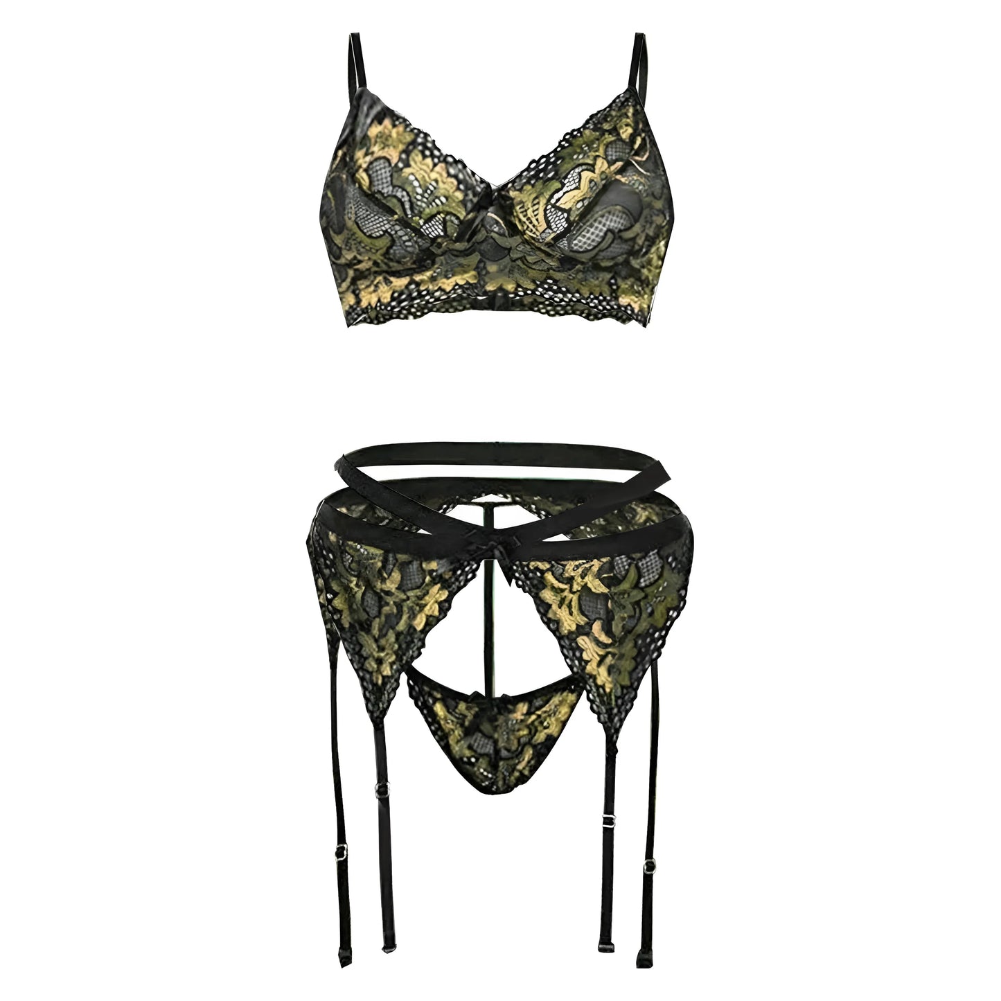 Green Lace Lingerie Set with Suspender Belt