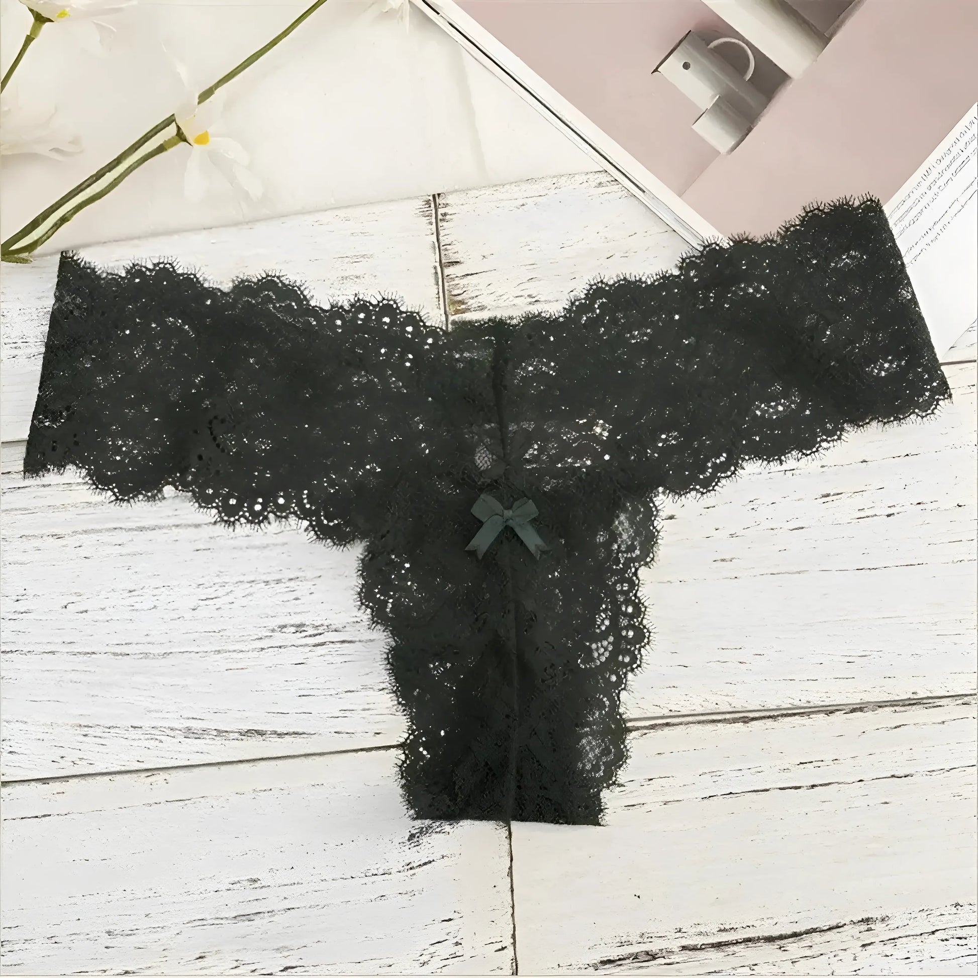 Green Lace String Thong with Bow