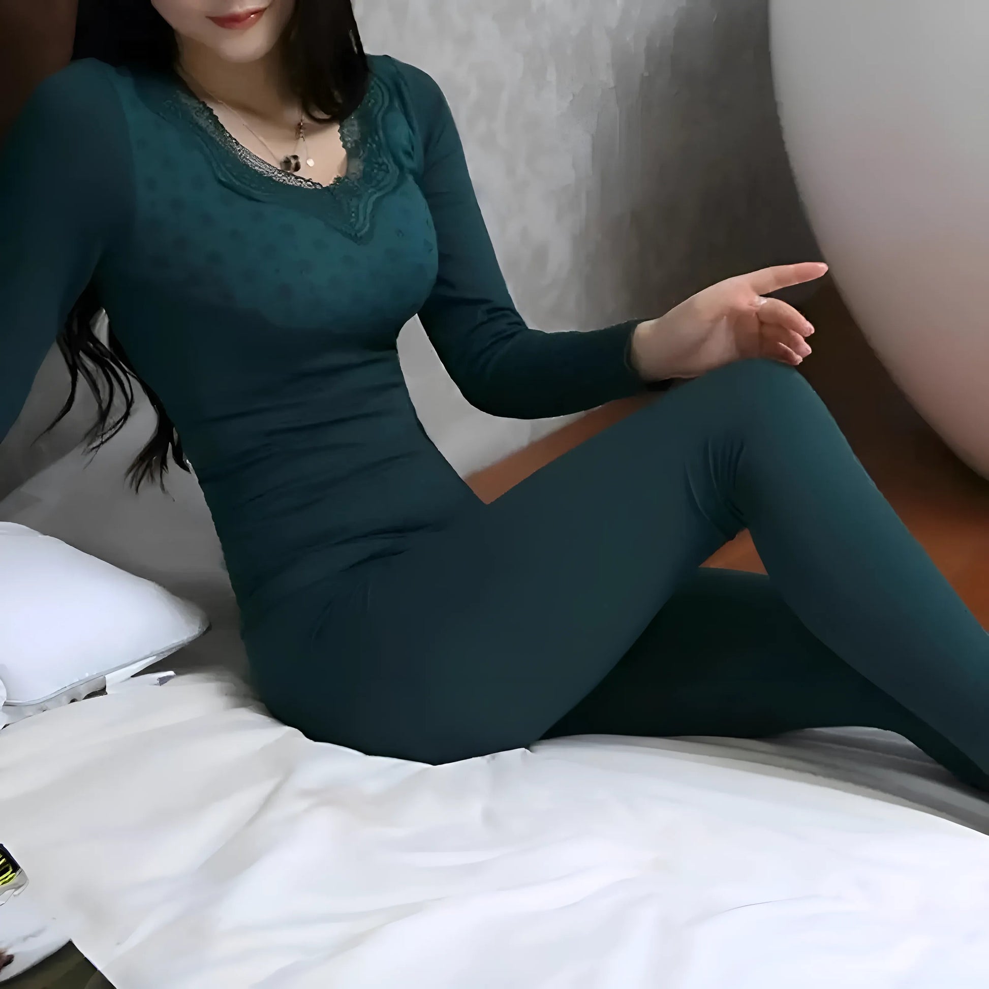 Green Lace Trim Thermal Underwear Set