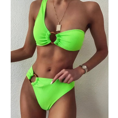 Green One-Shoulder Two-Piece Swimsuit