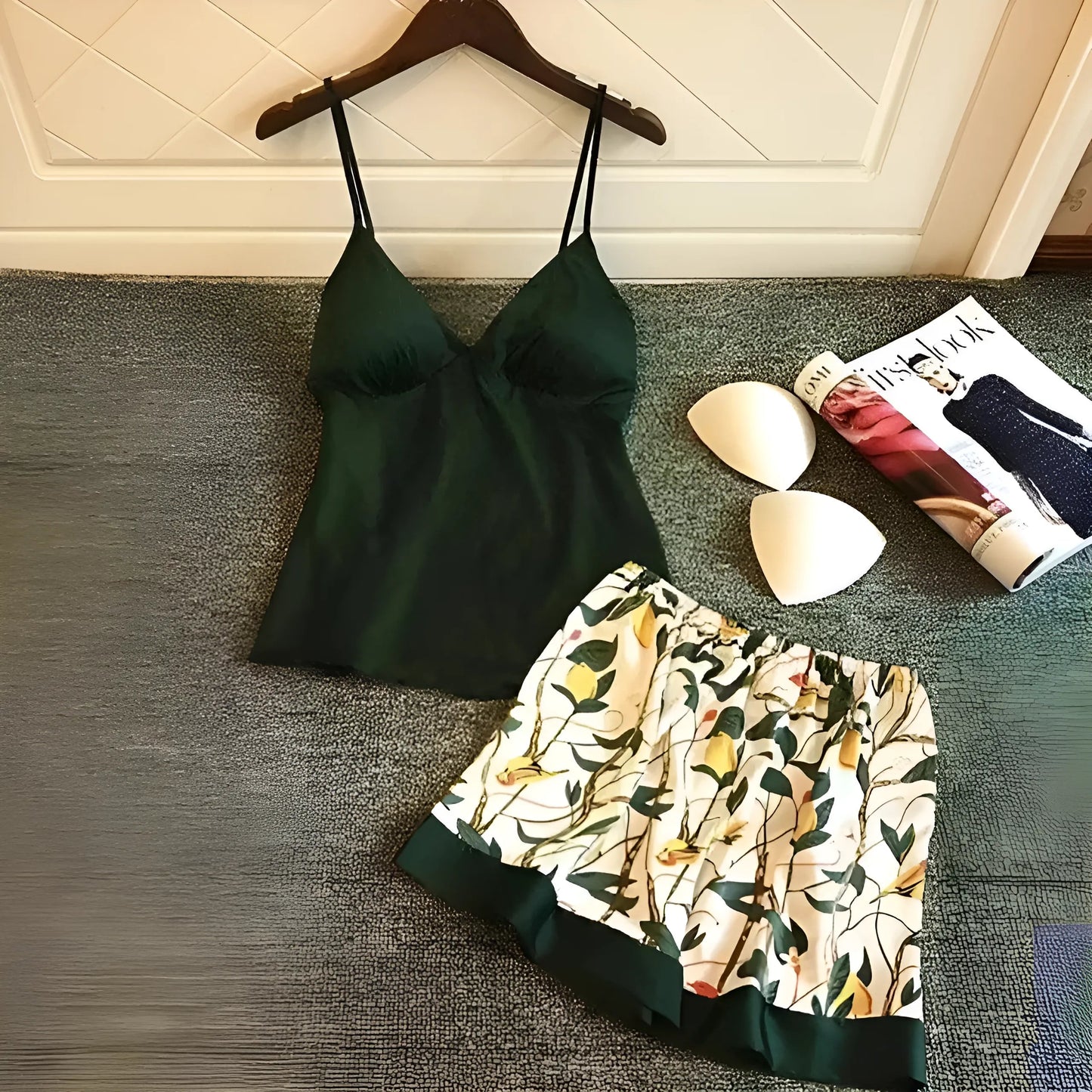 Green Satin Pyjama Set with Colourful Shorts