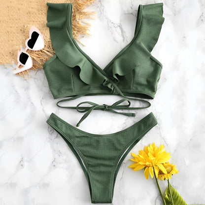 Green Two-Piece Bikini with Ties and Ruffle Detail