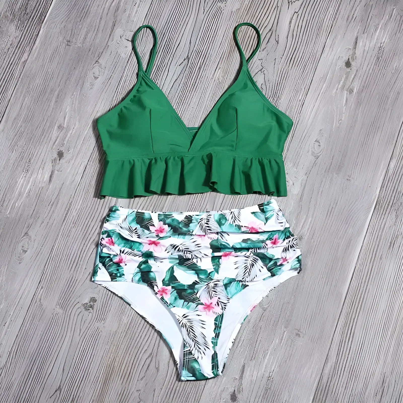 Green Two-Piece Swimsuit with Ruffle Detail