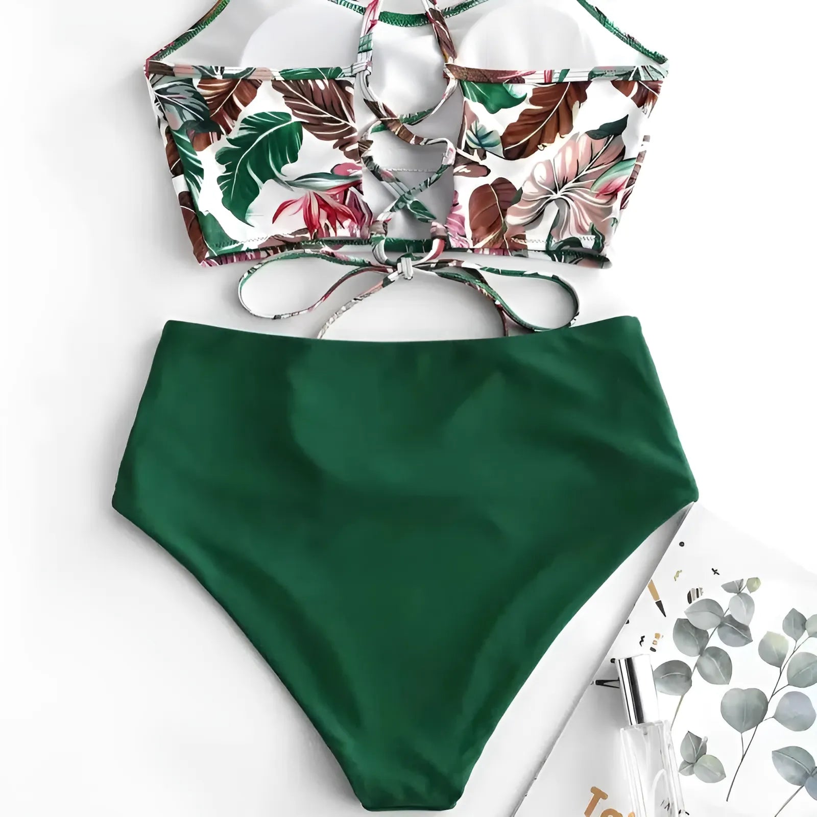 Green Two-Piece Swimsuit with Top Design