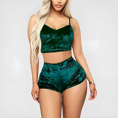 Green Velvet Pyjama Set with Top and Shorts