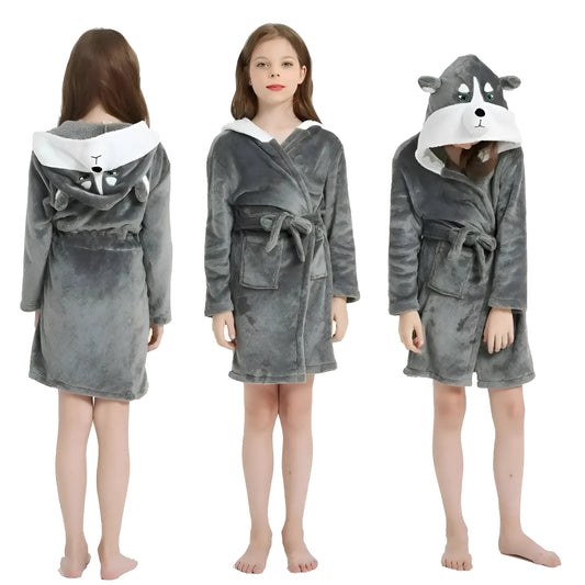 Grey Children's Bathrobe with Decorative Hood